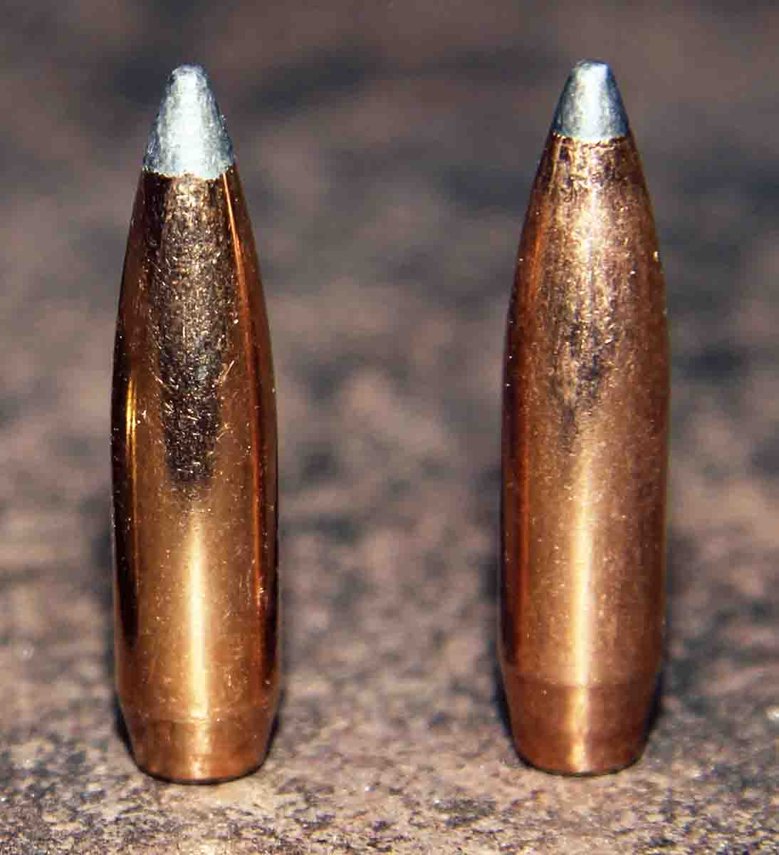 Bullets tested from Patrick’s custom 6mm Remington rifle included Speer’s 100-grain boat-tail softpoint, left, and Sierra’s 100-grain GameKing SBT.